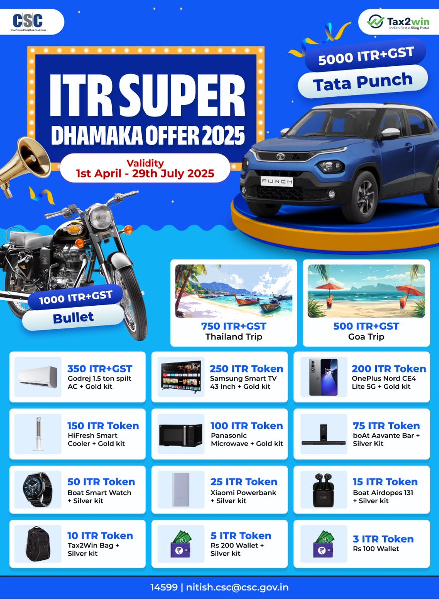 CSCeGov (@cscegov_) on Twitter photo ITR Super Dhamaka Contest...
File ITR for FY 2024-25 & WIN Exciting Prizes.
Contest Valid till 29th July, 2025...
For any queries, call us at 14599 or write to nitish.csc@csc.gov.in
#IncomeTax #FinancialInclusion #ITRFiling #CSC #Tax2Win #CSCFinance #DigitalIndia ITR Super Dhamaka Contest...
File ITR for FY 2024-25 & WIN Exciting Prizes.
Contest Valid till 29th July, 2025...
For any queries, call us at 14599 or write to nitish.csc@csc.gov.in
#IncomeTax #FinancialInclusion #ITRFiling #CSC #Tax2Win #CSCFinance #DigitalIndia