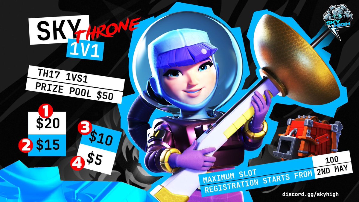 “Only the strongest soar to the Sky Throne.” 💪
The ultimate TH17 1v1 battleground is here! ⚔️

Sky Throne - TH17 1v1
💰 $50 Prize Pool | 🏆 Top 4 Win Big
⏳ Limited Slots - Join now &amp; Register !

Do you have what it takes to claim the throne? 👑

🔗 • discord.gg/skyhigh