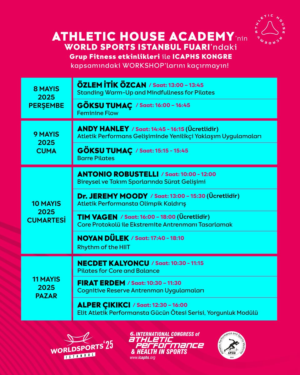 athletichousetr's tweet image. Athletic House Academy’nin, WSI Fuarı’ndaki Grup Fitness Etkinlikleri ile Icaphs Kongre Kapsamındaki Workshop’larını Kaçırmayın!
Tarih: 8 - 11 Mayıs 2025
Yer: İstanbul Yenikapı Avrasya GSM
AHA Stant: H200
icaphs.org
@WorldSportsIst @AndyHanley @TimVagen
