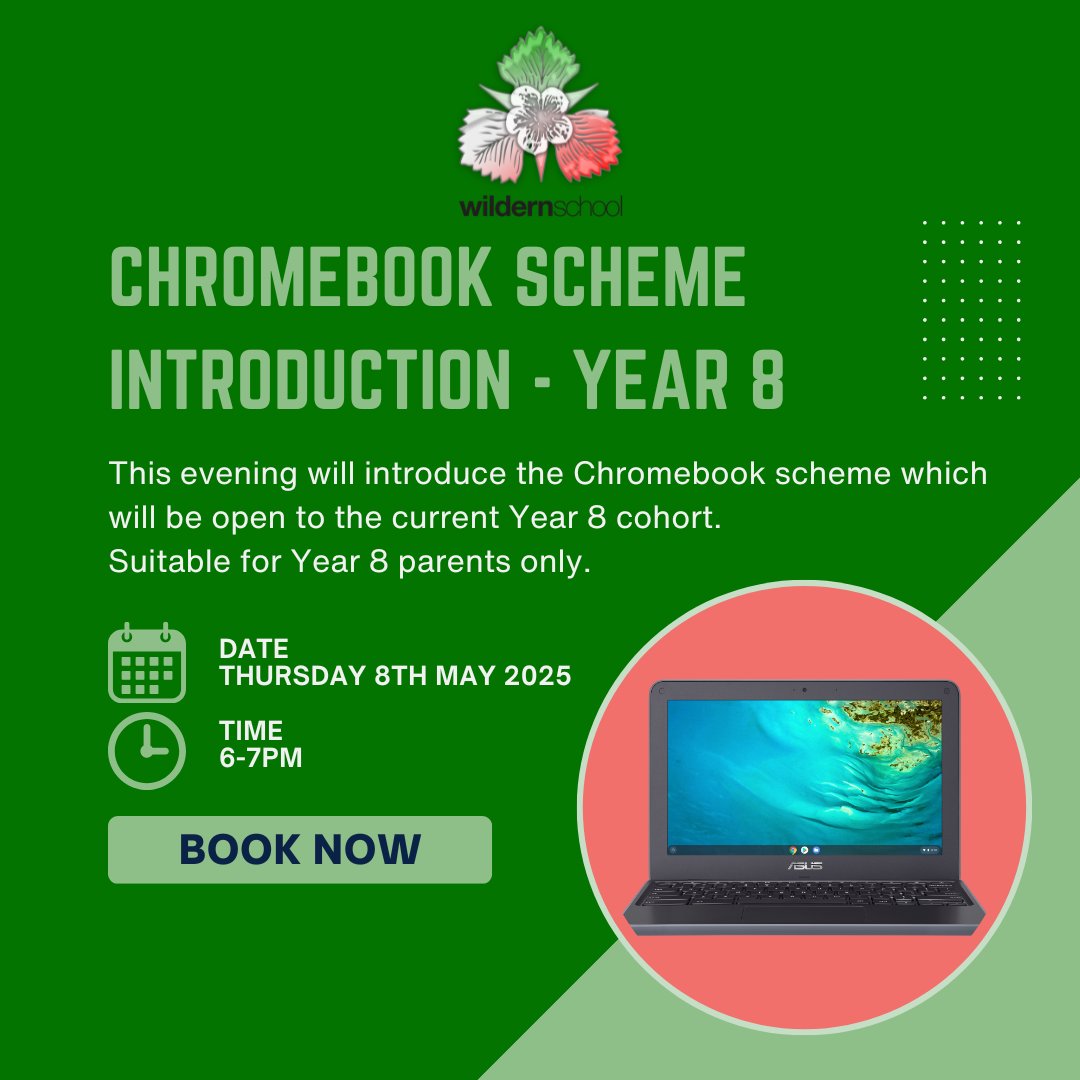 This evening will introduce the Chromebook scheme which will be open to the current Year 8 cohort. 

Suitable for Year 8 parents only.

Please book your place on eventbrite - bit.ly/4jR4wxk