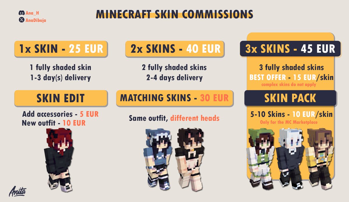 📌Minecraft Skin Commissions (2025)

💼Portfolio: behance.net/ana_h
💰Payment via PayPal
🔗VGen: vgen.co/AnaDibuja

#minecraft #minecraftskin #minecraftskins #commissionsopen #Commission #commissions #opencommissions #VGenComm