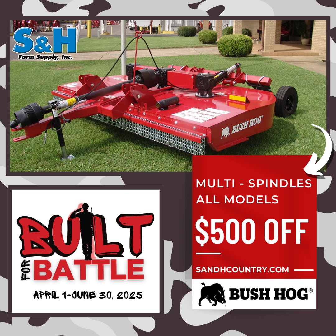 SandHFarmSupply's tweet image. 🔥 BUILT FOR BATTLE SALES EVENT – LIMITED TIME ONLY! 🔥

Save BIG on select models during the Bush Hog Built for Battle Sales Event! Including $500 OFF on ALL Multi-Spindle Models! Now’s the time to upgrade!

#SandHCountry #BushHog #Sale #Upgrade #MultiSpindles