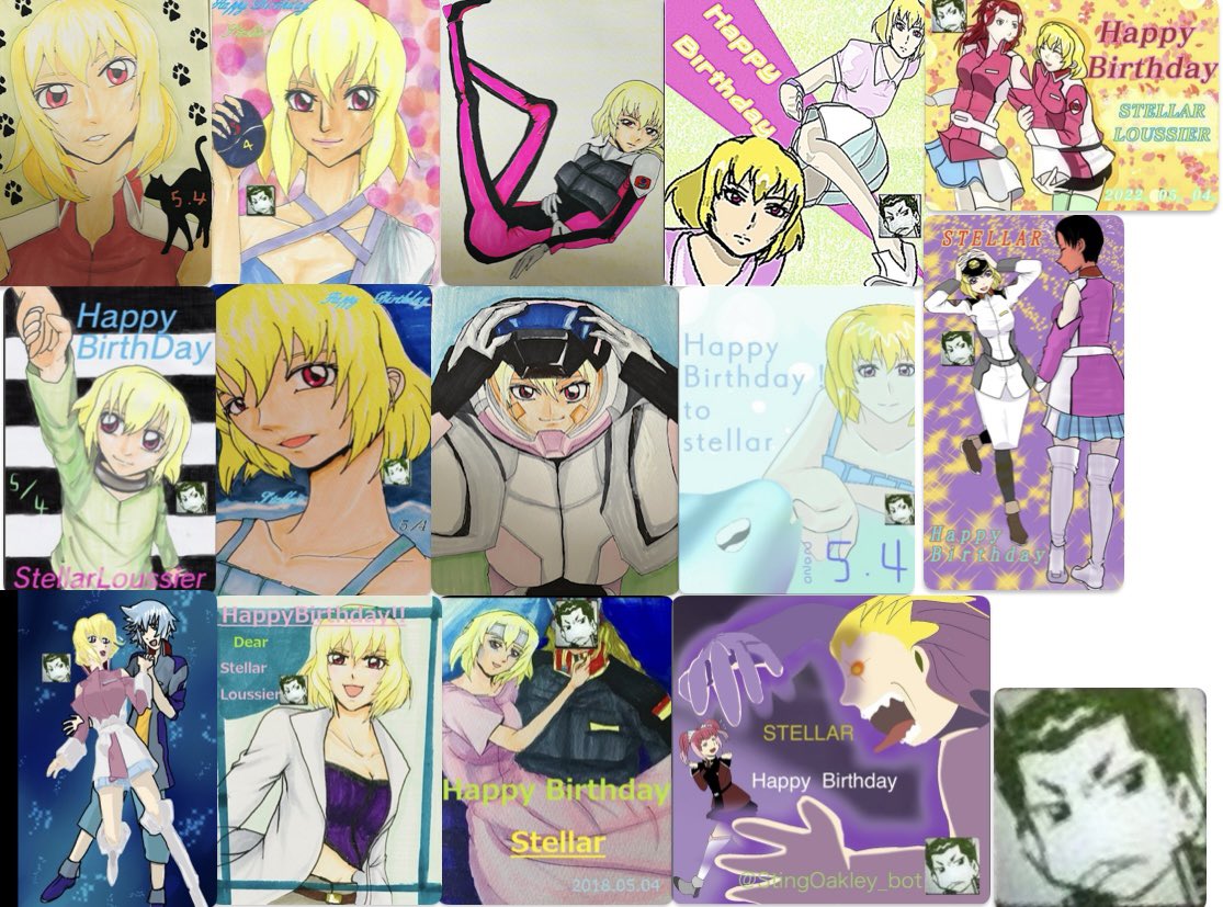 StingOakley_bot's tweet photo. @Stellar_bot @stellar_nrkr1 @gaia_stellar_l @stellar_l_nr @Stellar__bot 
ステラ、誕生日おめでとう！
SEED DESTINY20年って事で今回で粗品絵贈りは最後にさせてもらうぜ
今までのまとめだ
(アウルに贈ったヤツも混ざってるけどな) https://t.co/4An0fzyB11