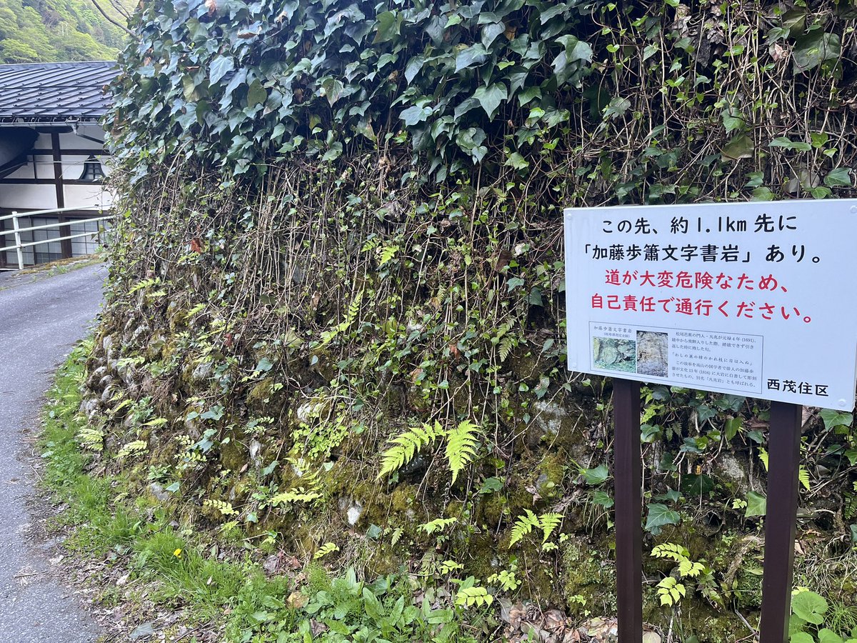 teppeikatori's tweet image. そう言われたら行きたくなるよね、土砂崩れ、渓流ジャンプで岐阜県指定史跡加藤歩簫文字書岩に到着。野沢凡兆(芭蕉の弟子)がここで一句読んだらしい