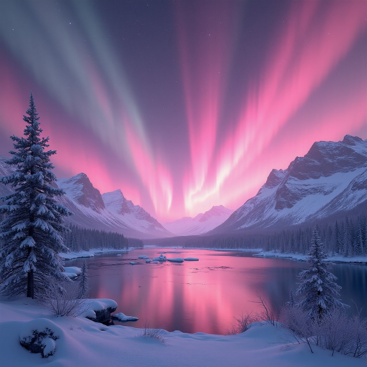 PromptSin's tweet image. Frosty mountains glow under a surreal aurora 🌄✨ #WinterWonderland #AuroraMagic