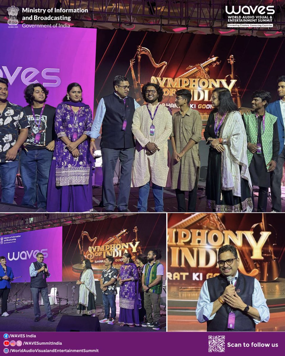 WAVESummitIndia's tweet image. Sanjay Jaju, Secretary @MIB_India felicitated the winners of ‘Symphony of India’ held under #CreateinIndiaChallenge Season-1, as part of #WAVES2025. 

#WAVES #WAVESIndia #WAVESummit #WAVESummitIndia