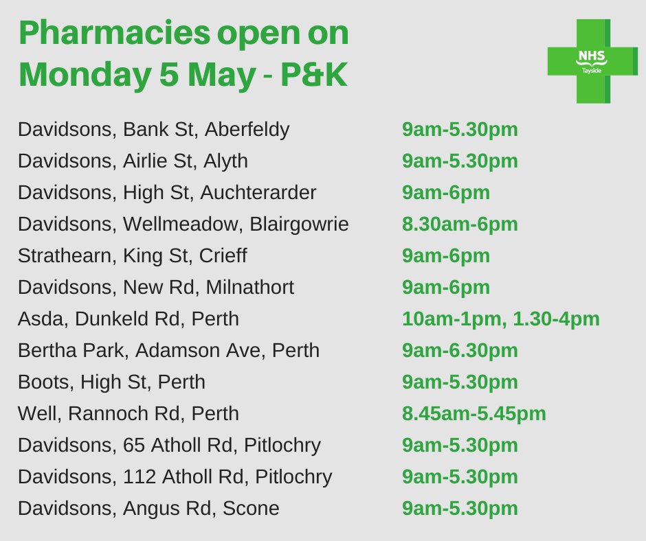 Most GPs in Tayside will be closed today (Monday). Please check your practice’s opening times.

Community pharmacies can offer advice and treatment for many illnesses. Swipe ➡️ for pharmacies open today.

Find out more ➡️ rightcaretayside.scot.nhs.uk