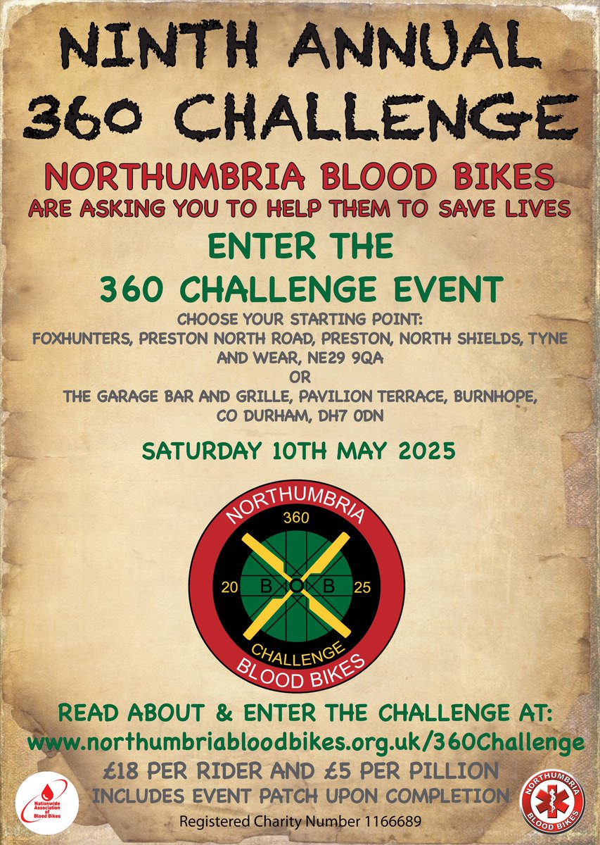 There’s less than a week until this year’s #360Challenge so don’t forget to sign up to take part:
northumbriabloodbikes.org.uk/360Challenge 

#Charity #bloodbikes #bikers #challengeyourself #charityevent