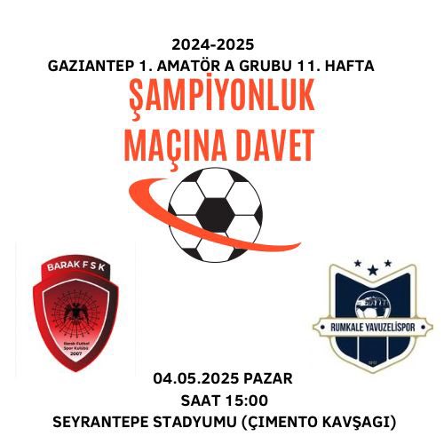 Yöremizin gururu Barak Futbol Spor Kulübü  
Bugün oynayacağı şampiyonluk mücadelesinde başarılar diliyoruz.
Yüreğiyle, emeğiyle bu noktaya gelen temsilcimizin bir üst lige yükselmesini yürekten temenni ediyor, tüm camiaya gönülden desteklerimizi sunuyoruz.
Haydi Barak Spor, zafer