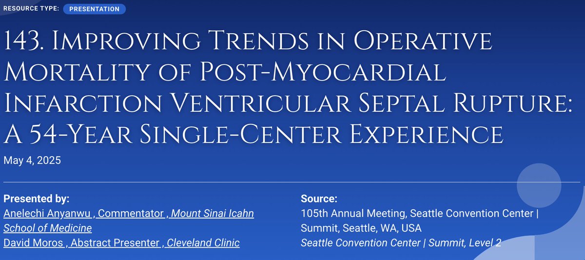 David Moros (@david_moros17) on Twitter photo Deeply honored to present today during the Presidential Plenary at #AATS2025 <a href="/AATSHQ/">AATS</a> where I’ll discuss improving trends and outcomes in post-MI VSR: a 55-year single-center experience from Cleveland Clinic <a href="/CleClinicHVTI/">Cleveland Clinic Heart, Vascular & Thoracic</a> <a href="/CCF_CTSRes/">Cleveland Clinic CTS Residency</a>
<a href="/MichaelTongMD/">Michael Tong</a> <a href="/EdSolteszMD/">Edward Soltesz MD MPH</a> <a href="/AskDrMarc/">Marc Gillinov</a> Deeply honored to present today during the Presidential Plenary at #AATS2025 <a href="/AATSHQ/">AATS</a> where I’ll discuss improving trends and outcomes in post-MI VSR: a 55-year single-center experience from Cleveland Clinic <a href="/CleClinicHVTI/">Cleveland Clinic Heart, Vascular & Thoracic</a> <a href="/CCF_CTSRes/">Cleveland Clinic CTS Residency</a>
<a href="/MichaelTongMD/">Michael Tong</a> <a href="/EdSolteszMD/">Edward Soltesz MD MPH</a> <a href="/AskDrMarc/">Marc Gillinov</a>
