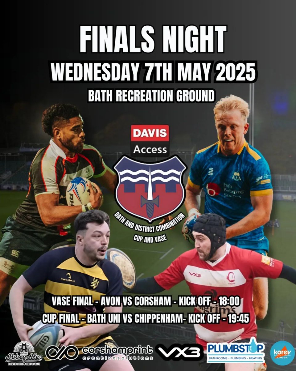 It's Finals Week!

Join us at The Rec for two fantastic games of local rugby.

🏆Vase Final - ⚫🟡Avon RFC Vs Corsham RFC🔴⚪
🏉18:00

🏆Cup Final - 🔵🟡 Bath University Vs Chippenham RFC ⚫⚪
🏉19:45