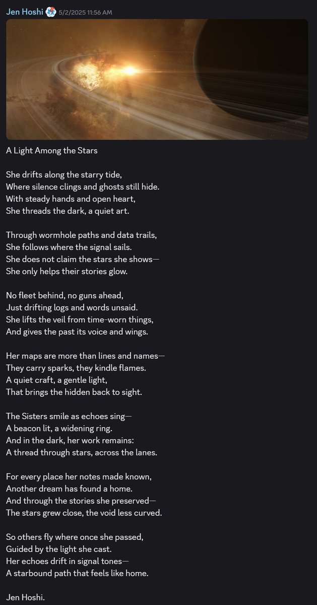 What am I looking forward to from FanFest? The upcoming book of poems based on Eve. Here's a poem by one of our Signaleers I wanted to share: "A Light Among the Stars" by Jen Hoshi. #tweetfleet #eveonline