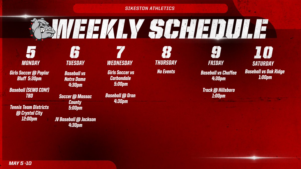 This weeks athletic schedule.  Good luck to all of our student athletes!