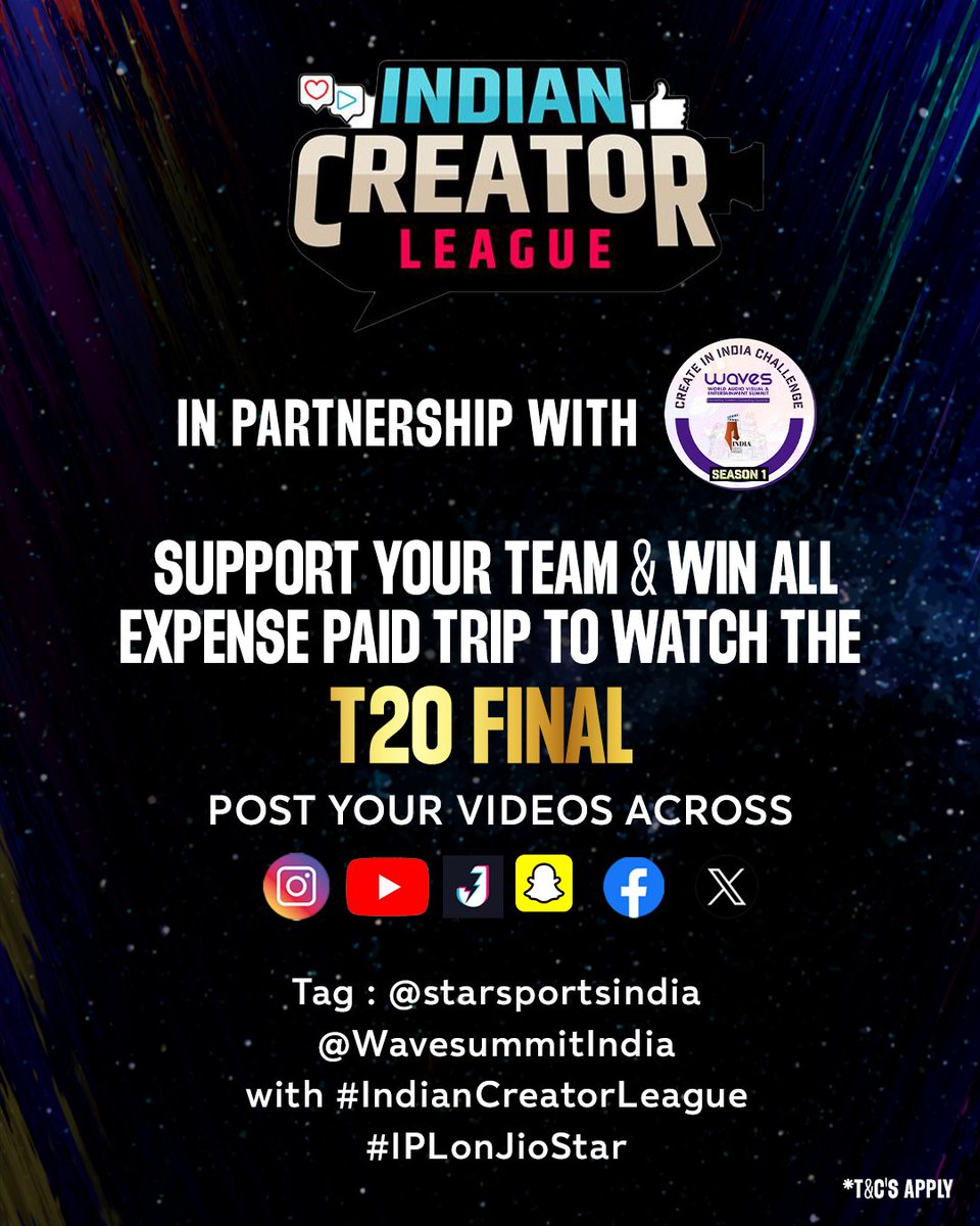 🏏 Introducing the Indian Creator League – in partnership with #WavesIndia! 🌊
Are you the ultimate fan of the Biggest T20 League? Here’s your chance to show your fandom and support your favorite team! Post your videos now and get a chance to to see the final 🎉

Tag