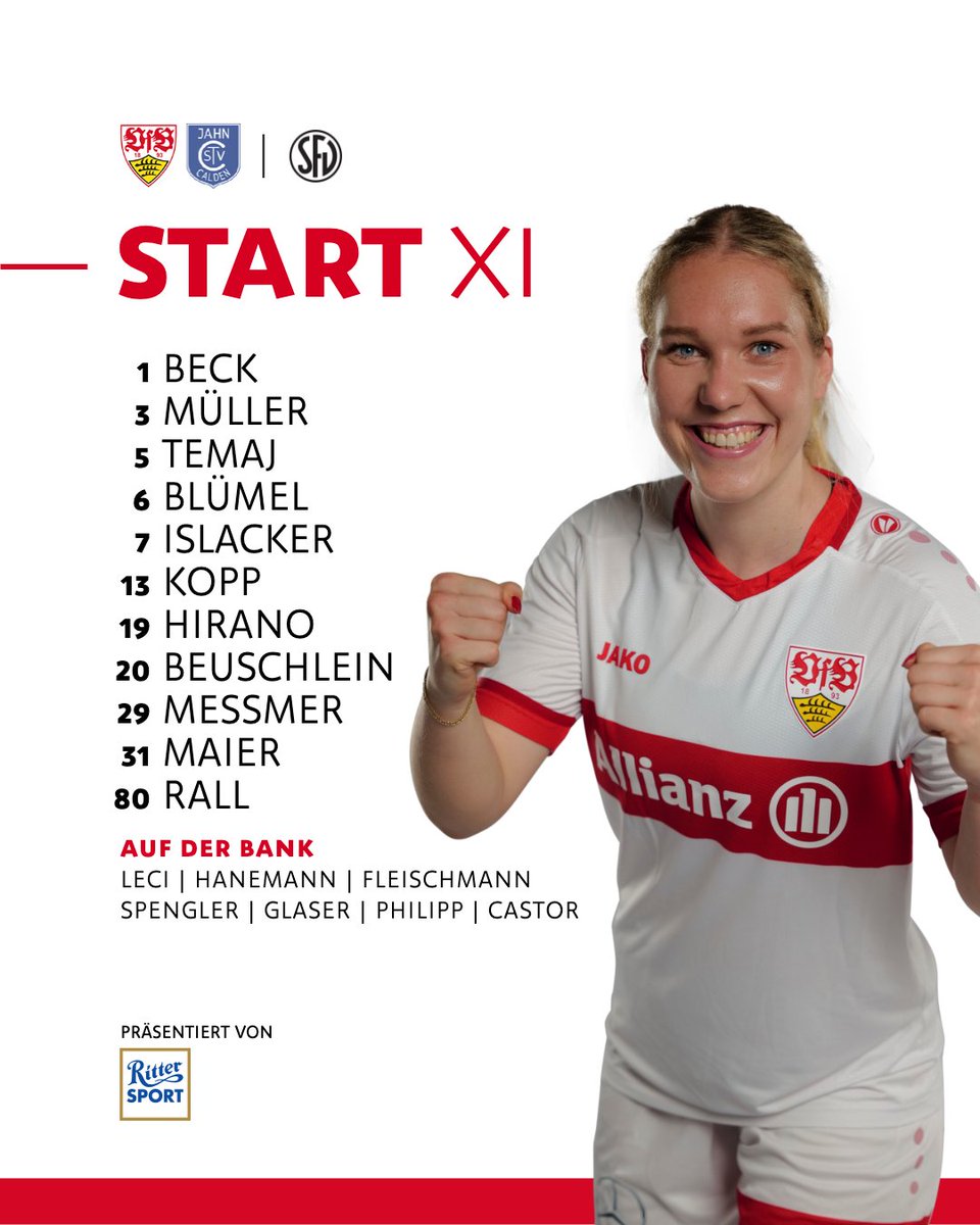VfB_Frauen's tweet photo. Die Aufstellung für das Heimspiel gegen den TSV Jahn Calden. 

1 Beck - 3 Müller, 5 Temaj, 6 Blümel, 7 Islacker, 13 Kopp, 19 Hirano, 20 Beuschlein, 29 Meßmer, 31 Maier, 80 Rall 

[Anzeige] #VfBFrauen | #VfB https://t.co/lSlMeS54fY