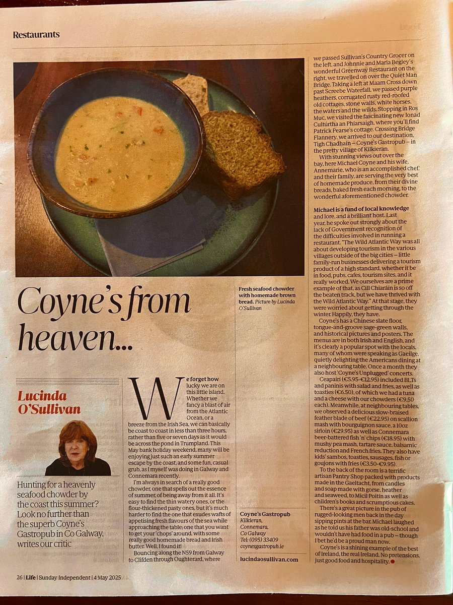 Micheál Ó Cadhain 🇮🇪 Michael Coyne (@coynesgastropub) on Twitter photo From myself, Annemarie and all of the team here at Coyne’s Gastropub in CillChiaráin, we’d like to thank restaurant critic and columnist,
Lucinda O’Sullivan,
for her fantastic review in today’s edition of the <a href="/TheSundayIndo/">Sunday Independent</a>!
Go raibh míle míle maith agat <a href="/LucindasIreland/">LUCINDA O’SULLIVAN</a> 🥰 🥰 From myself, Annemarie and all of the team here at Coyne’s Gastropub in CillChiaráin, we’d like to thank restaurant critic and columnist,
Lucinda O’Sullivan,
for her fantastic review in today’s edition of the <a href="/TheSundayIndo/">Sunday Independent</a>!
Go raibh míle míle maith agat <a href="/LucindasIreland/">LUCINDA O’SULLIVAN</a> 🥰 🥰