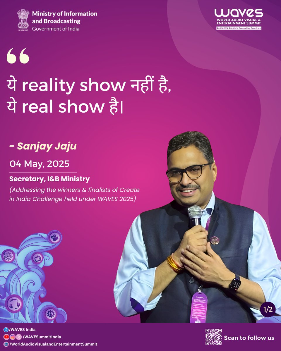 WAVESummitIndia's tweet image. Sanjay Jaju, Secretary, I&amp;amp;B Ministry encouraged the winners and finalists of various competitions under #CreateinIndiaChallenge Season-1, as part of #WAVES2025.

#WAVES #WAVESIndia #WAVESummit #WAVESummitIndia