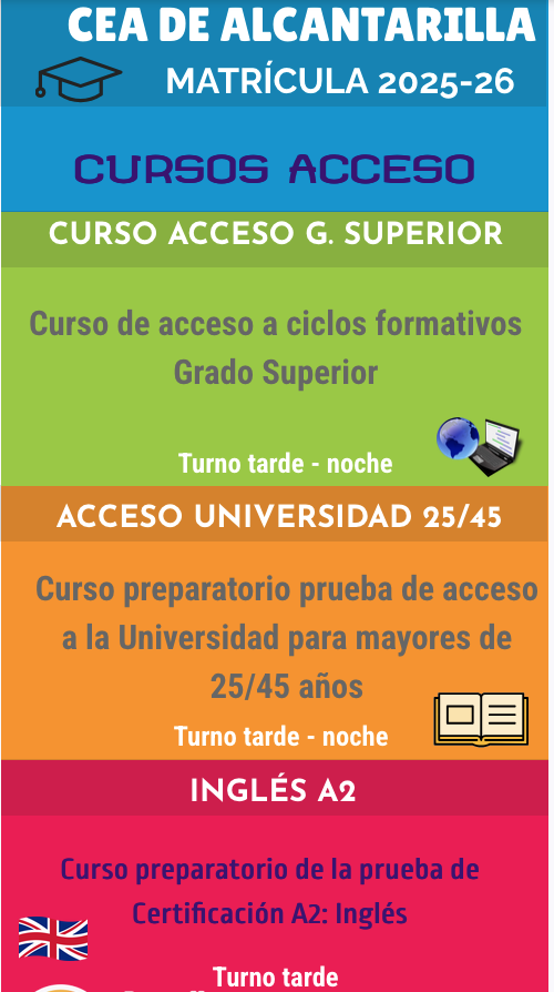 🎓 ¡Matrícula abierta en el CEA de Alcantarilla!
🗓️ Del 5 al 30 de mayo
📚 Educación para adultos.
👉 ¡No dejes pasar tu oportunidad!
📞 968807261
🌐 ceadealcantarilla.es
<a href="/EduPermanenteRM/">Educación Permanente Región de Murcia</a> <a href="/AytAlcantarilla/">Ayuntamiento de Alcantarilla</a>