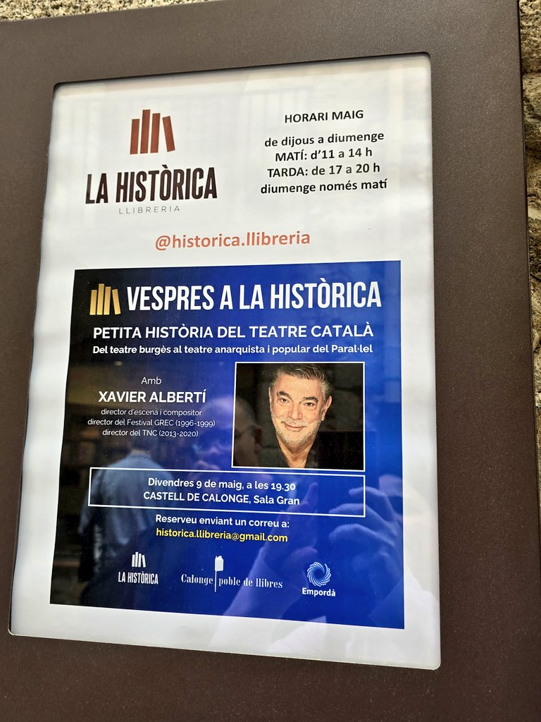 A La Històrica, recomana El giro/S.Greenblatt i veu l'oportunitat del retorn al llibre físic  per l'aprenentatge en temps de la IA. En la magnífica agenda de la llibreria, div. 9/5 tindrem en <a href="/xalbertig/">xavier albertí</a> per parlar de teatre català. 🎭 cc <a href="/Ed_Critica/">Editorial Crítica</a> <a href="/tauruseditorial/">Editorial Taurus</a>
