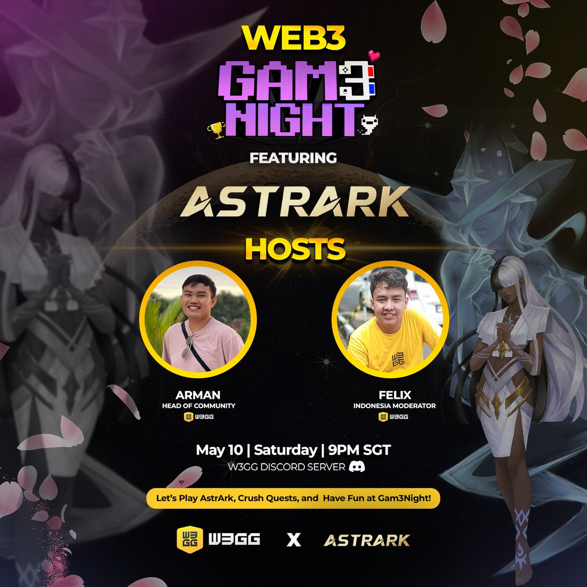 🎮 W3GG Gam3Night ft. AstrArk 🌕

Yellow Hearts, we're back with something fresh this May!

Join us on May 10 at 9 PM SGT on the W3GG Discord Stage for a special Gam3Night with Arman and Felix, featuring <a href="/AstrArk_World/">AstrArk</a> — a sci-fantasy strategy game from our partner Moonveil.