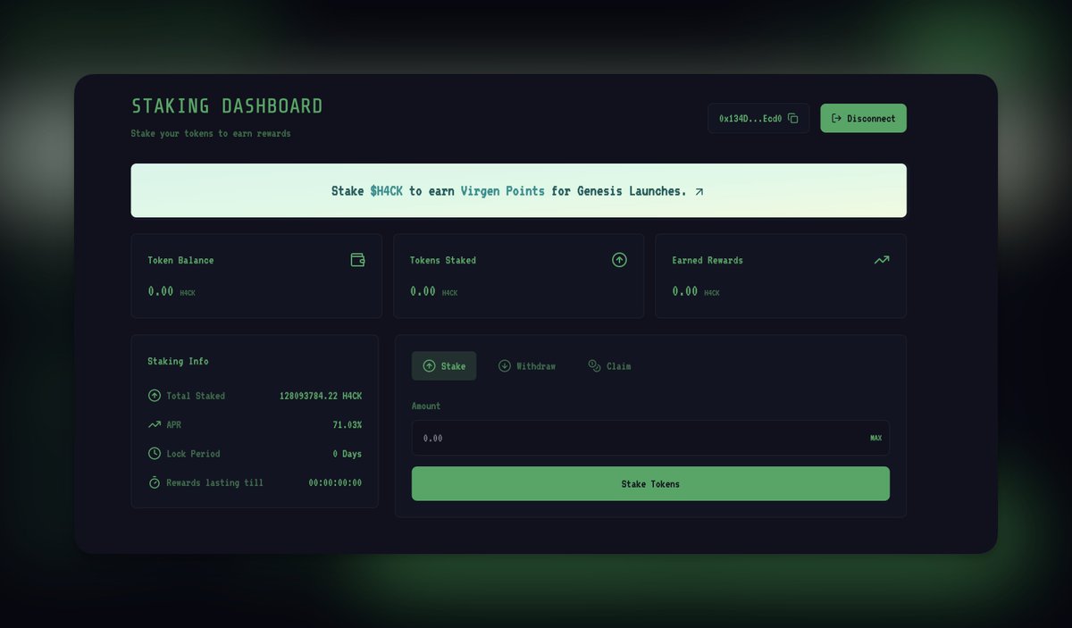 Chaotix (@chaotix_xbt) on Twitter photo Website UI has been updated to clearly show that $H4CK staking allows you to earn <a href="/virtuals_io/">Virtuals Protocol</a> Virgen Points.
Stake now: h4ckterminal.com/#/staking Website UI has been updated to clearly show that $H4CK staking allows you to earn <a href="/virtuals_io/">Virtuals Protocol</a> Virgen Points.
Stake now: h4ckterminal.com/#/staking