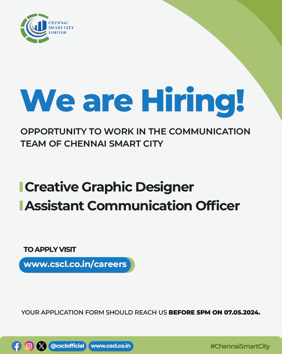 Chennai Smart City Limited (@csclofficial) on Twitter photo Dear #Chennaiites
Join the Communication Team at <a href="/csclofficial/">Chennai Smart City Limited</a> and be a part of building a smarter city!
Creative Graphic Designer (1)
Assistant Communication Officer (2)
Apply before 5 PM on 07.05.2024. Check cscl.co.in/careers for more details.
#Communication Dear #Chennaiites
Join the Communication Team at <a href="/csclofficial/">Chennai Smart City Limited</a> and be a part of building a smarter city!
Creative Graphic Designer (1)
Assistant Communication Officer (2)
Apply before 5 PM on 07.05.2024. Check cscl.co.in/careers for more details.
#Communication