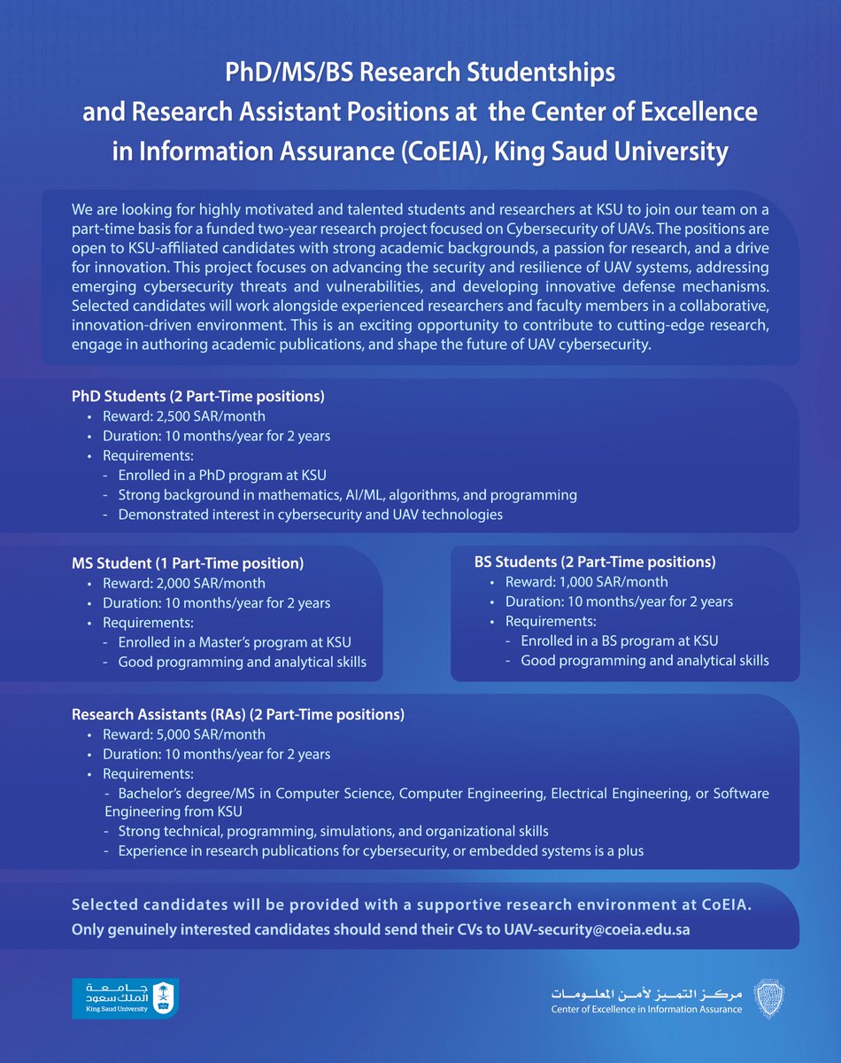 Join a part-time research opportunity at King Saud University

We're looking for motivated PhD, MS, and BS students to join a UAV Cybersecurity research project (with monthly stipends ).
⏱️ Part-time: only limited hours per week.
💡 Work with a top research team &amp; co-author