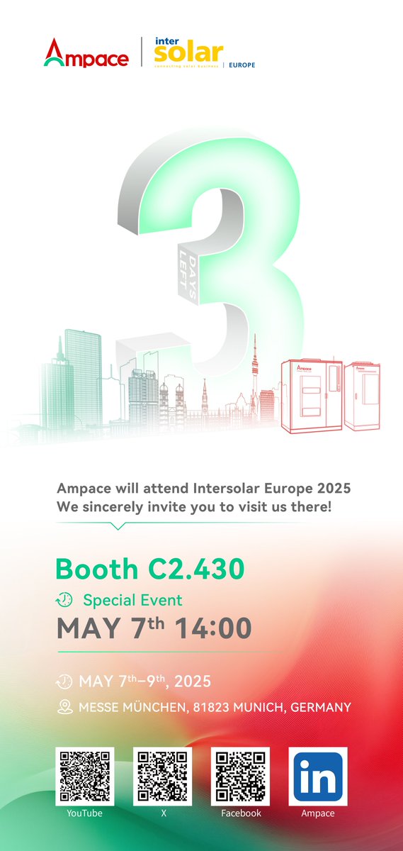 AmpaceOfficial's tweet photo. 🚀 3 Days to Intersolar Europe!

The future of energy is taking shape—and Ampace is ready to power the change. ⚡

See you in Munich! 🌍🔋

#ampace #IntersolarEurope #energystorage #renewableenergy 
#Innovation #CleanEnergy #SustainableSolutions #tradeshow https://t.co/FFkFatT4oW