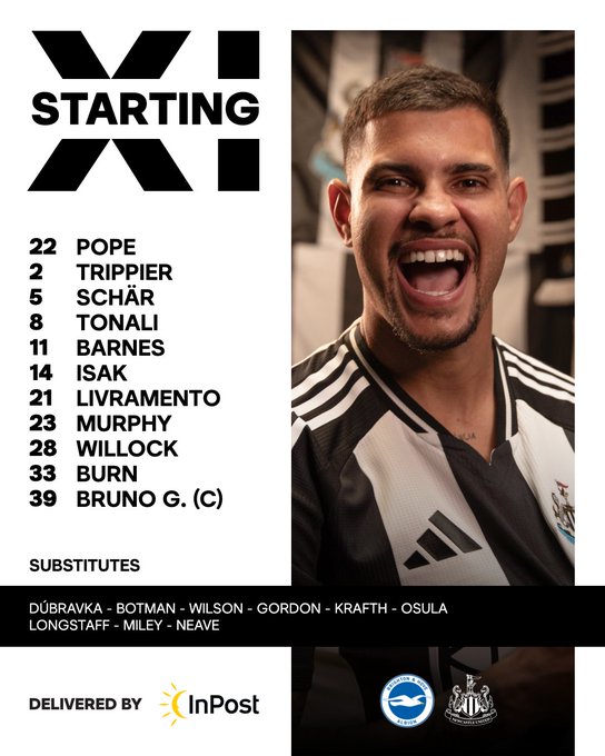 Newcastle United v Brighton: Pope, Trippier, Schär, Tonali, Barnes, Isak, Livramento, Murphy, Willock, Burn, Bruno G.