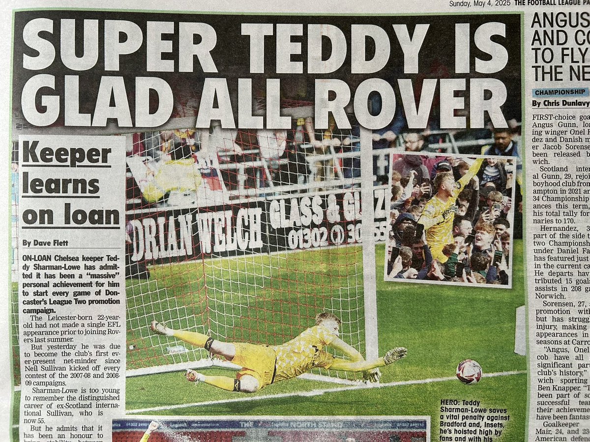 Dave Flett (@daveflettpress) on Twitter photo One for <a href="/drfc_official/">Don(C)aster Rovers FC</a> and <a href="/ChelseaFC/">Chelsea FC</a> fans. I spoke to <a href="/T_Sharman1998/">Teddy Sharman-Lowe</a> about becoming League 2 champions Doncaster’s first ever-present goalkeeper since Neil Sullivan in 2009! He only made his EFL debut in August, too. Full story in <a href="/TheLeaguePaper/">The Football League Paper</a> - in shops now. #drfc #cfc One for <a href="/drfc_official/">Don(C)aster Rovers FC</a> and <a href="/ChelseaFC/">Chelsea FC</a> fans. I spoke to <a href="/T_Sharman1998/">Teddy Sharman-Lowe</a> about becoming League 2 champions Doncaster’s first ever-present goalkeeper since Neil Sullivan in 2009! He only made his EFL debut in August, too. Full story in <a href="/TheLeaguePaper/">The Football League Paper</a> - in shops now. #drfc #cfc