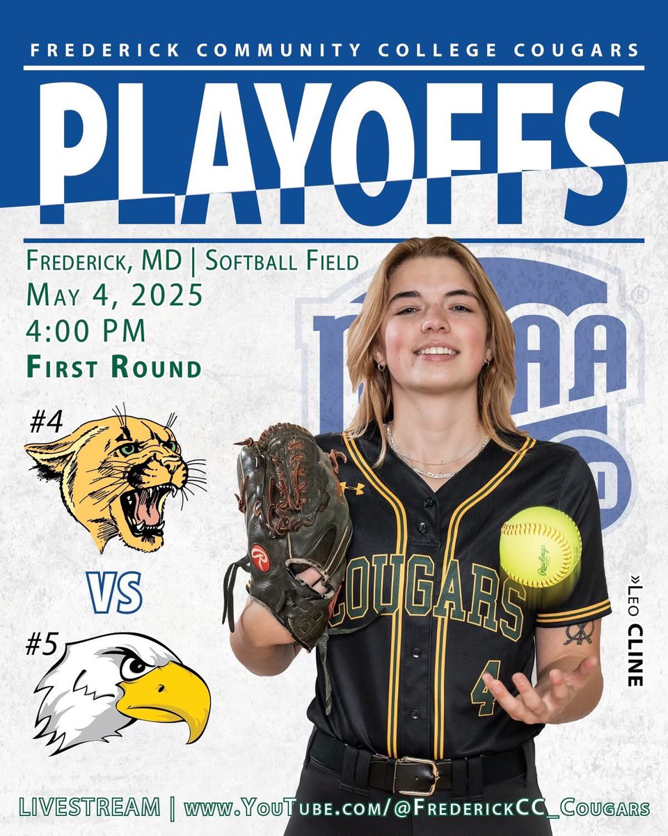 Frederick Community College Cougars (@fcc_cougars) on Twitter photo GAME DAY π₯ #FCC_Cougars softball will host <a href="/CecilAthletics/">Cecil College Athletics</a> for game three of the first round in the Region 20 DII Championship Tournament! First pitch set for 4PM! #GoCougars
π: Frederick, MD
π
: 5/4/2025
β°: 4:00 PM
π : fccathletics.com/sports/sball/2β¦
πΊ: youtube.com/live/5KkUsFQB9β¦ GAME DAY π₯ #FCC_Cougars softball will host <a href="/CecilAthletics/">Cecil College Athletics</a> for game three of the first round in the Region 20 DII Championship Tournament! First pitch set for 4PM! #GoCougars
π: Frederick, MD
π
: 5/4/2025
β°: 4:00 PM
π : fccathletics.com/sports/sball/2β¦
πΊ: youtube.com/live/5KkUsFQB9β¦