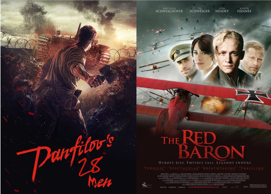 Panfilovs 28 Men filme russo sobre a resistência soviética nos primeiros meses da invasão alemã. Muito bom . 
The Red Baron é  a história de Manfred Von Richthofen o barão vermelho,  tem cenas de batalhas aéreas ótimas, sem falar que a reprodução dos aviões ficou fantástica