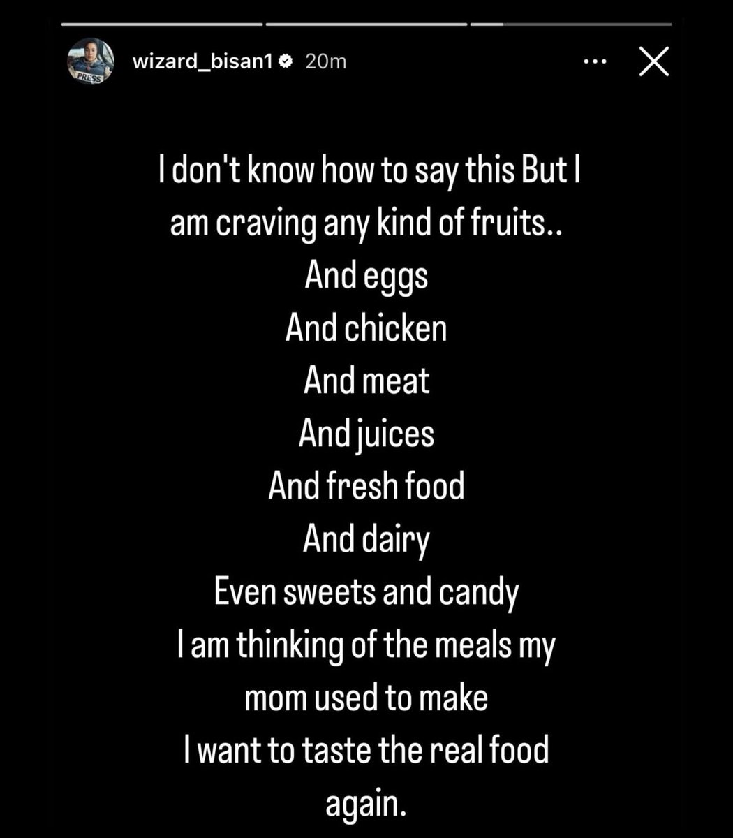 Bisans story yesterday.. absolutely heartbreaking. No food has been entering Gaza.