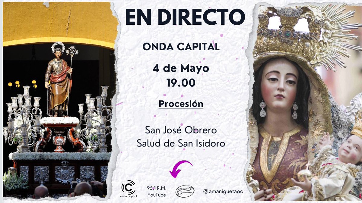 🟣 Vive En Directo en Onda Capital las procesiones de <a href="/HermandadSJO/">Hermandad de San José Obrero</a> y <a href="/saludsanisidoro/">Salud de San Isidoro</a> 

⏰ 19:00 

🎶 <a href="/LosGitanosSM/">Sección Musical Los Gitanos</a> - <a href="/BSLiceodeMoguer/">BS Liceo de Moguer</a> 

🔗 youtube.com/live/ZpBZJj9Yk… 

#GloriasSevilla25