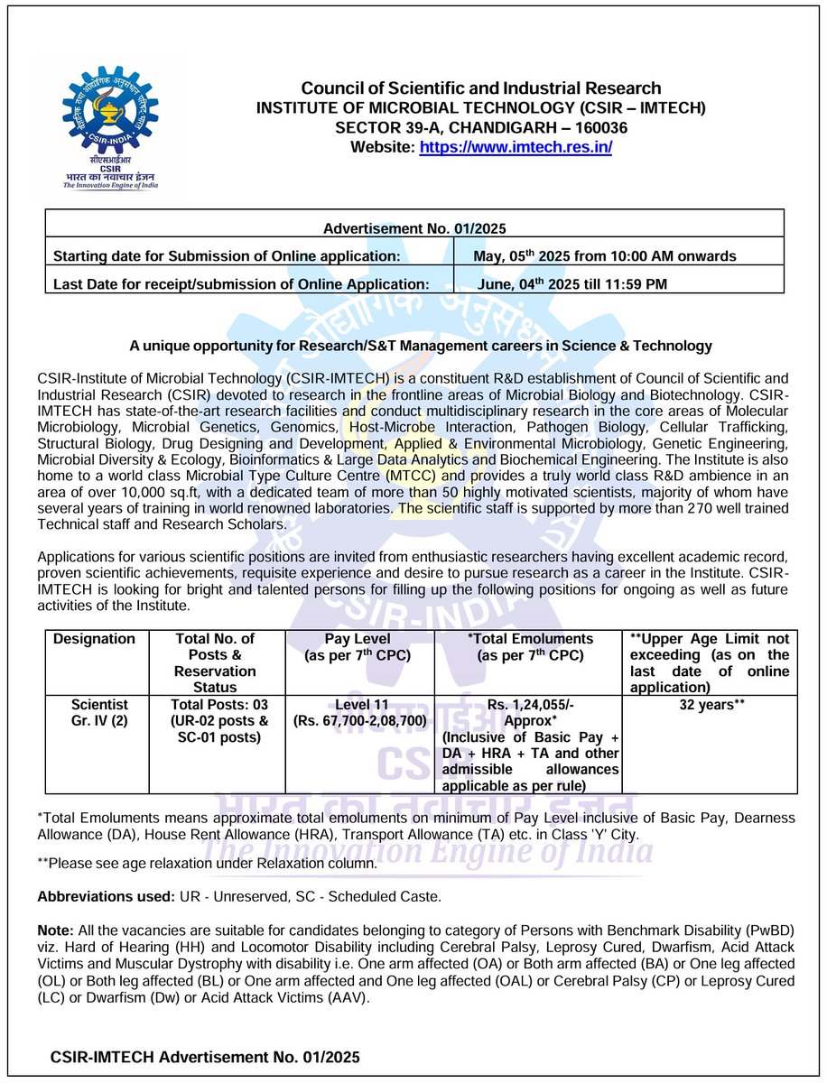 CSIR-IMTech (@csir_imtech) on Twitter photo CSIR-IMTECH invites applications for the position of Scientists (Gr. IV) in various domains. For more information and to apply online, use the link: datascience.imtech.res.in/sctrecruit/app…
<a href="/CSIR_IND/">CSIR, India</a> CSIR-IMTECH invites applications for the position of Scientists (Gr. IV) in various domains. For more information and to apply online, use the link: datascience.imtech.res.in/sctrecruit/app…
<a href="/CSIR_IND/">CSIR, India</a>