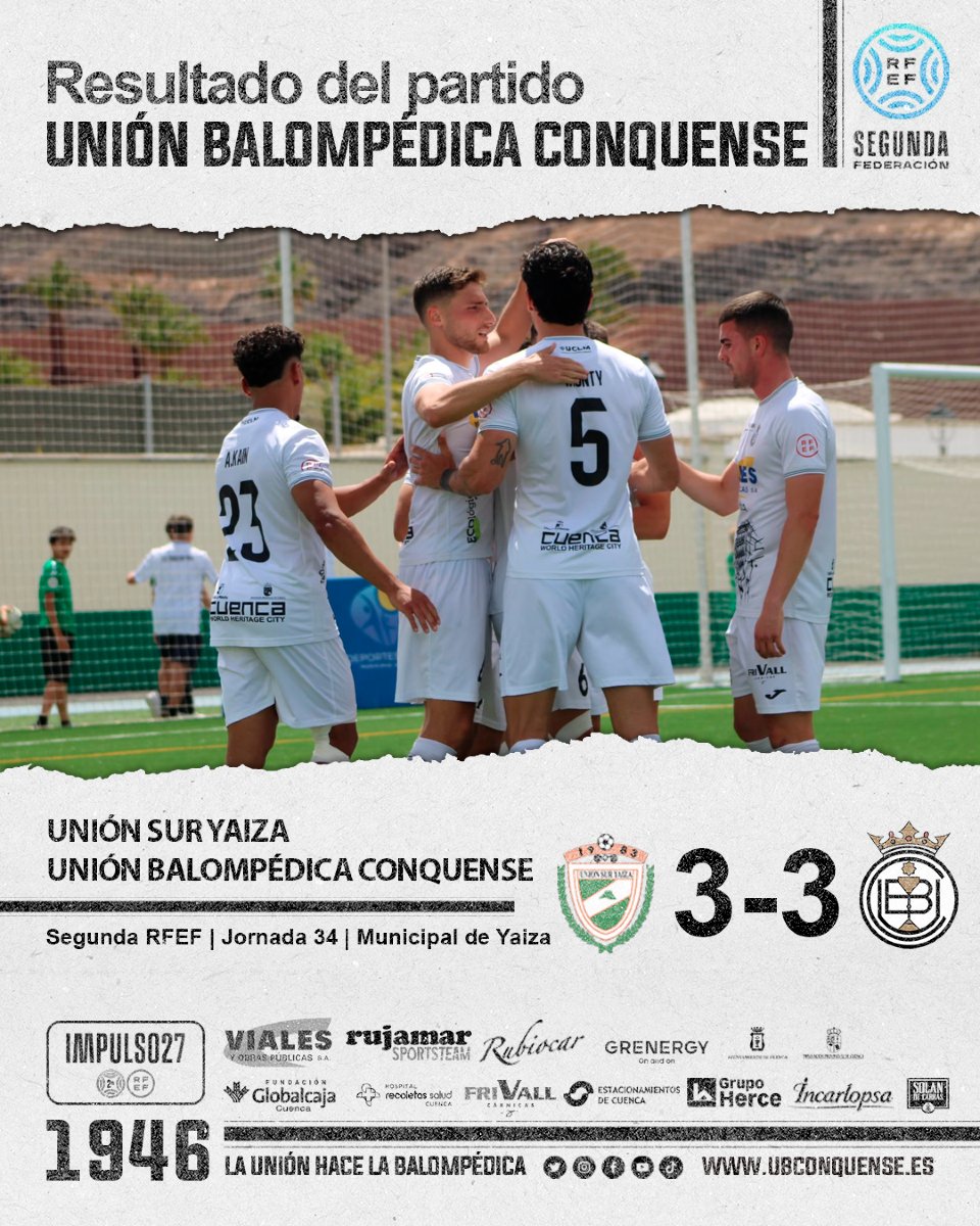 📢 SE ACABÓ LA TEMPORADA❗ 
 
Gran partido de ambos equipos para cerrar esta gran temporada. 

¡Gracias balompédicos!

#UnionSurYaiza 3-3 #UBConquense

¡Vamos Conquense! ⚪⚫
#UniónBalompédica #SegundaRFEF