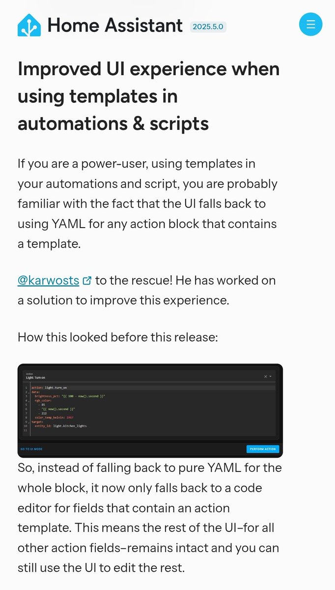 Exciting update coming to <a href="/home_assistant/">Home Assistant</a>. If you use templates in your automations or scripts, YAML will now fall back per field - no longer the entire block. Huge improvement 🚀.
#homeAssistant