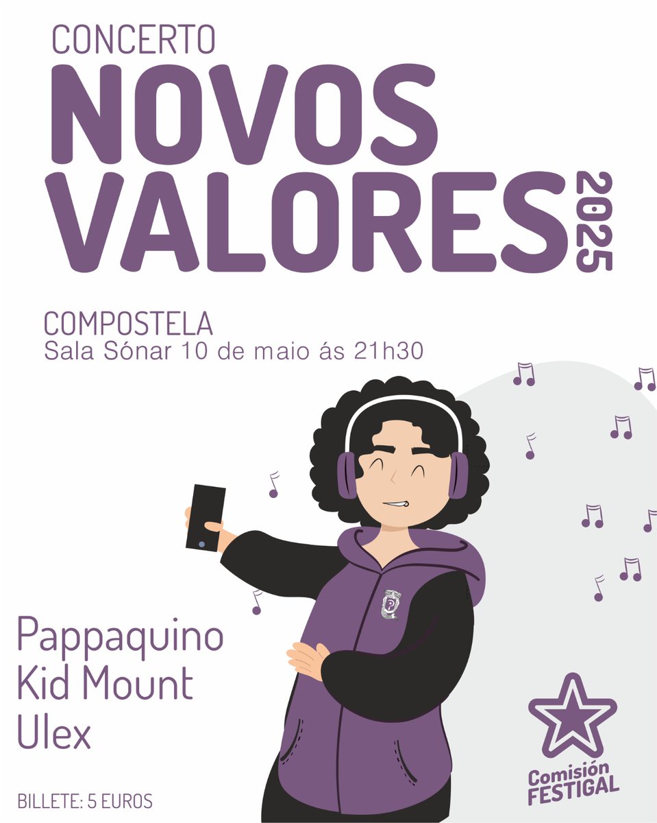 🎤 Concerto Novos Valores 

🗓️ Sábado 10 de maio
📍 Sala Sónar (Compostela)
🕤 21:30h

Reserva a túa entrada 👇
festi.gal/concerto-novos…

🗳️ O público elixirá a banda ou artista gañador que actuará no #Festigal2025