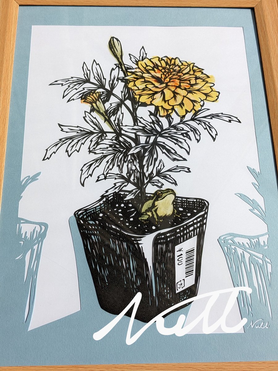 桜散って田んぼに水が張り、響き渡るカエルの大合唱🐸
店先にはたくさんの夏野菜の苗🌱
コンパニオンのマリーゴールドは種から育てて節約節約🌼
#切り絵