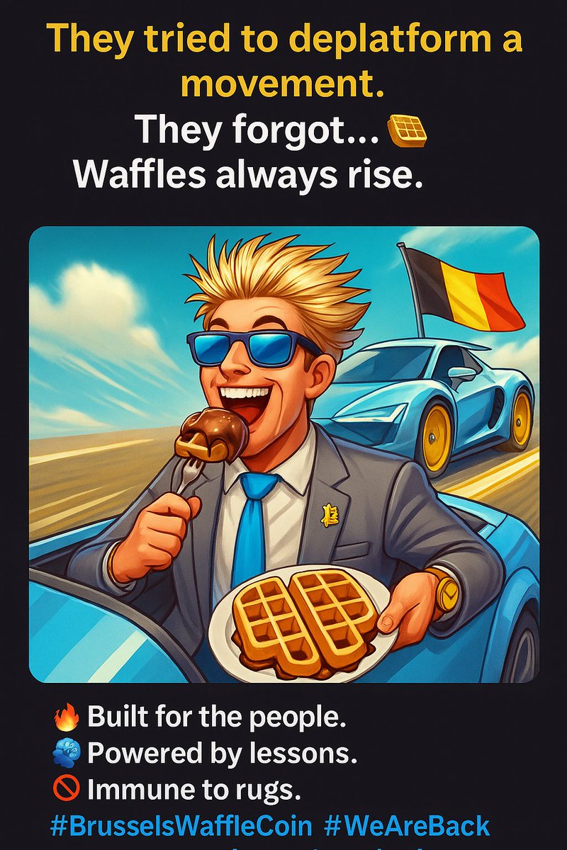 BelgianBrussels's tweet photo. They tried to deplatform a movement.
 They forgot... waffles always rise. 🧇
We’re back. Stronger. Smarter. Rug-proof.
🔥 Built for the people.
🧠 Powered by lessons.
🚫 Immune to rugs.
#BrusselsWaffleCoin
#WeAreBack
#CryptoComeback
#DeFiSafety
#AntiRug
#CommunityStrong https://t.co/moBEOtiN8H