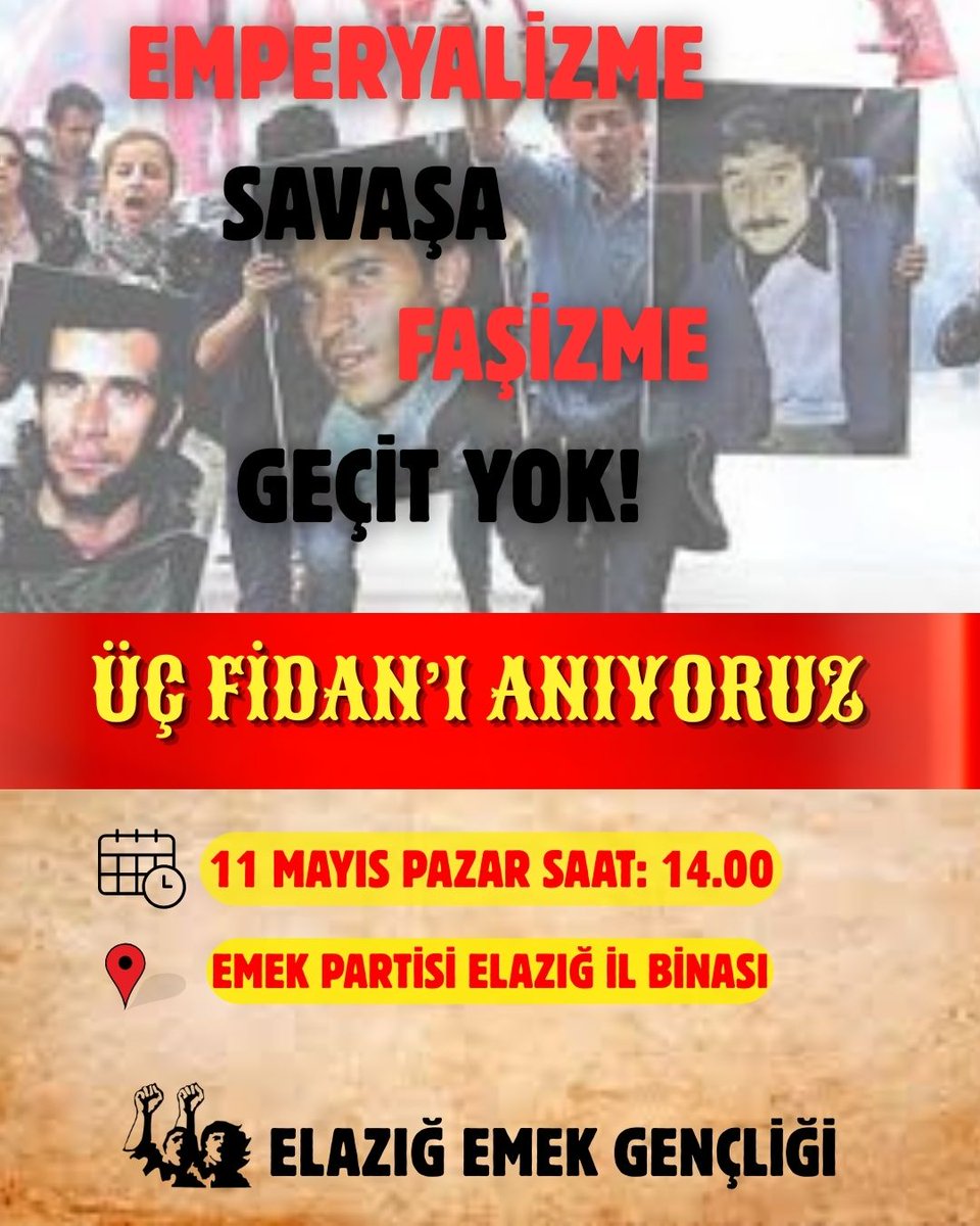 11 Mayıs Pazar günü saat 14.00'da 3 fidanı anmak için buluşuyoruz.
Yer: EMEP il bürosu