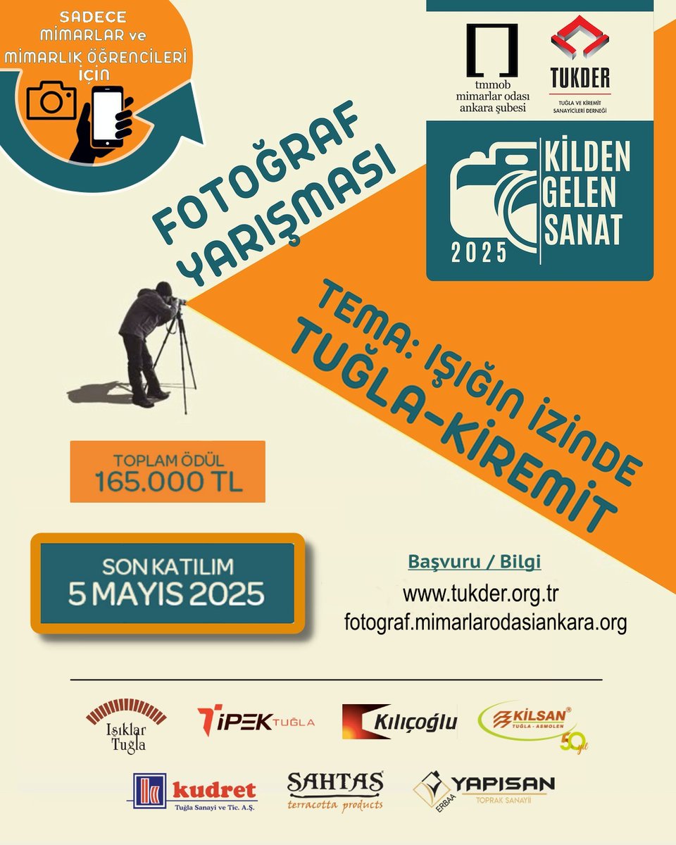 Mimarlar Odası Ankara Şubesi ve Tuğla ve Kiremit Sanayicileri Derneği (TUKDER) iş birliğiyle düzenlenen "KİLDEN GELEN SANAT FOTOĞRAF YARIŞMASI " 📷

🔗 Başvuru &gt; fotograf.tukder.org.tr

#KildenGelenSanat #FotoğrafYarışması #Mimarlık #TuğlaKiremit