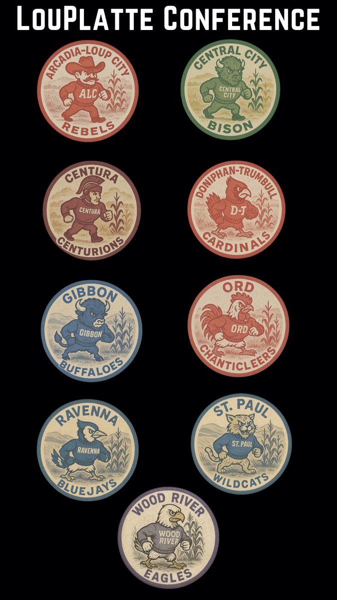 After a few requests, here is the LouPlatte Conference in vintage buttons. I think Amherst would make a great 10th addition. #nebpreps