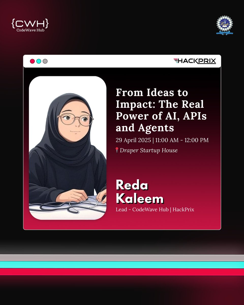 codewavehub's tweet image. Pit Stop-2: From Ideas to Impact: The Real Power of AI, APIs and Agents

The race to #HackPrix2025 starts NOW!

Join us on April 29 at 11:00 AM for an IRL session with @reda_kaleem  to accelerate development with AI, API &amp;amp; Agents!

#hackprix #codewavehub #Hackathon