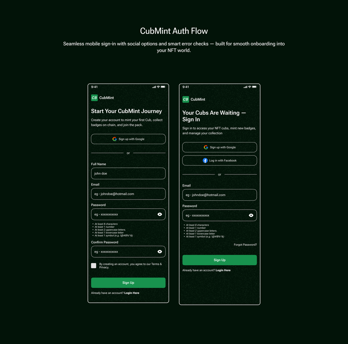 Day 4 of 

I revamped the CubMint login/signup flow into a seamless NFT gateway—social buttons, inline password validation (8+ chars, 2 caps, 1 number, 1 symbol), and on-chain badge minting right after you sign up. Let me know what you think! 

#UXUI #Web3 #Auth