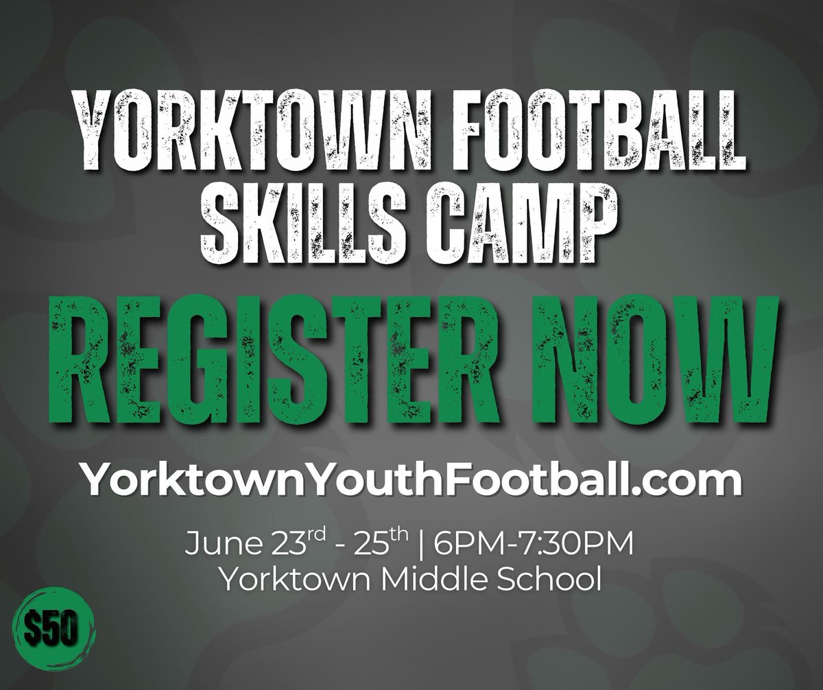 Yorktown Youth Football League (@yyflyorktown) on Twitter photo Early registration has been awesome—don’t miss out!
Sign up for the 2025 Yorktown Football Skills Camp (June 23–25) at YorktownYouthFootball.com
Ages 5–incoming 6th grade
$50 | Free shirt if registered by June 2!
<a href="/YHSAthletics/">Yorktown Athletics</a> <a href="/ytownstrength/">Yorktown Strength</a> <a href="/YorktownPigskin/">Yorktown Football</a> <a href="/YorktownSupt/">YCS Superintendent</a> Early registration has been awesome—don’t miss out!
Sign up for the 2025 Yorktown Football Skills Camp (June 23–25) at YorktownYouthFootball.com
Ages 5–incoming 6th grade
$50 | Free shirt if registered by June 2!
<a href="/YHSAthletics/">Yorktown Athletics</a> <a href="/ytownstrength/">Yorktown Strength</a> <a href="/YorktownPigskin/">Yorktown Football</a> <a href="/YorktownSupt/">YCS Superintendent</a>