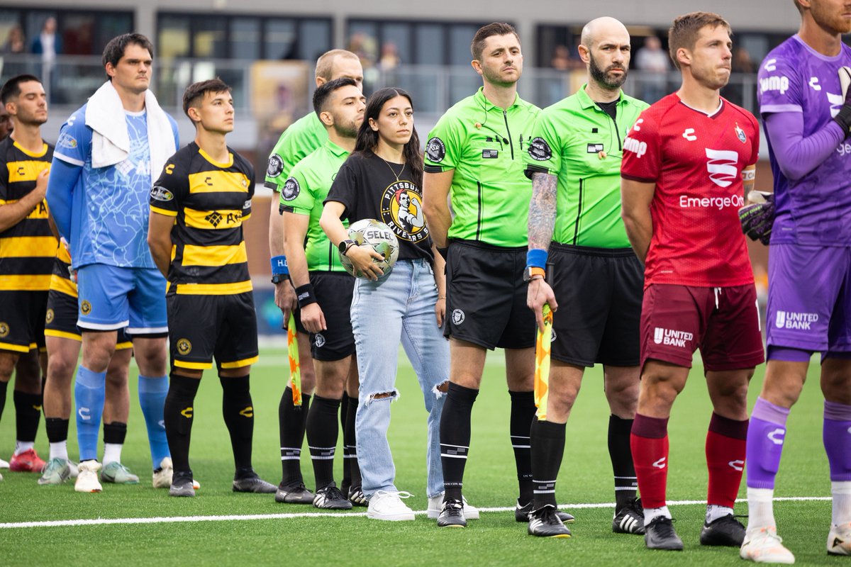 Last night, Sabrina Bryan had the honor of delivering the game ball at the <a href="/RiverhoundsSC/">Pittsburgh Riverhounds SC</a> game in anticipation of our upcoming season! 🏙️  #RivetersRise #Grittsburgh