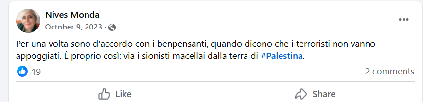 <a href="/Agenzia_Ansa/">Agenzia ANSA</a> La titolare Nives Monda non ha mai nascosto il proprio odio verso gli ebrei. 
Lo dimostra il suo commento pubblicato a seguito del massacro del 7 ottobre 2023.