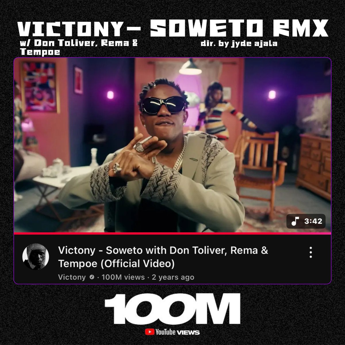 Victony, Don Toliver, Rema &amp; Tempoe’s ‘Soweto Remix’ official music video surpasses 100m+ views on YouTube.

— It becomes Victony’s second and Rema’s sixth music video to reach this milestone.
