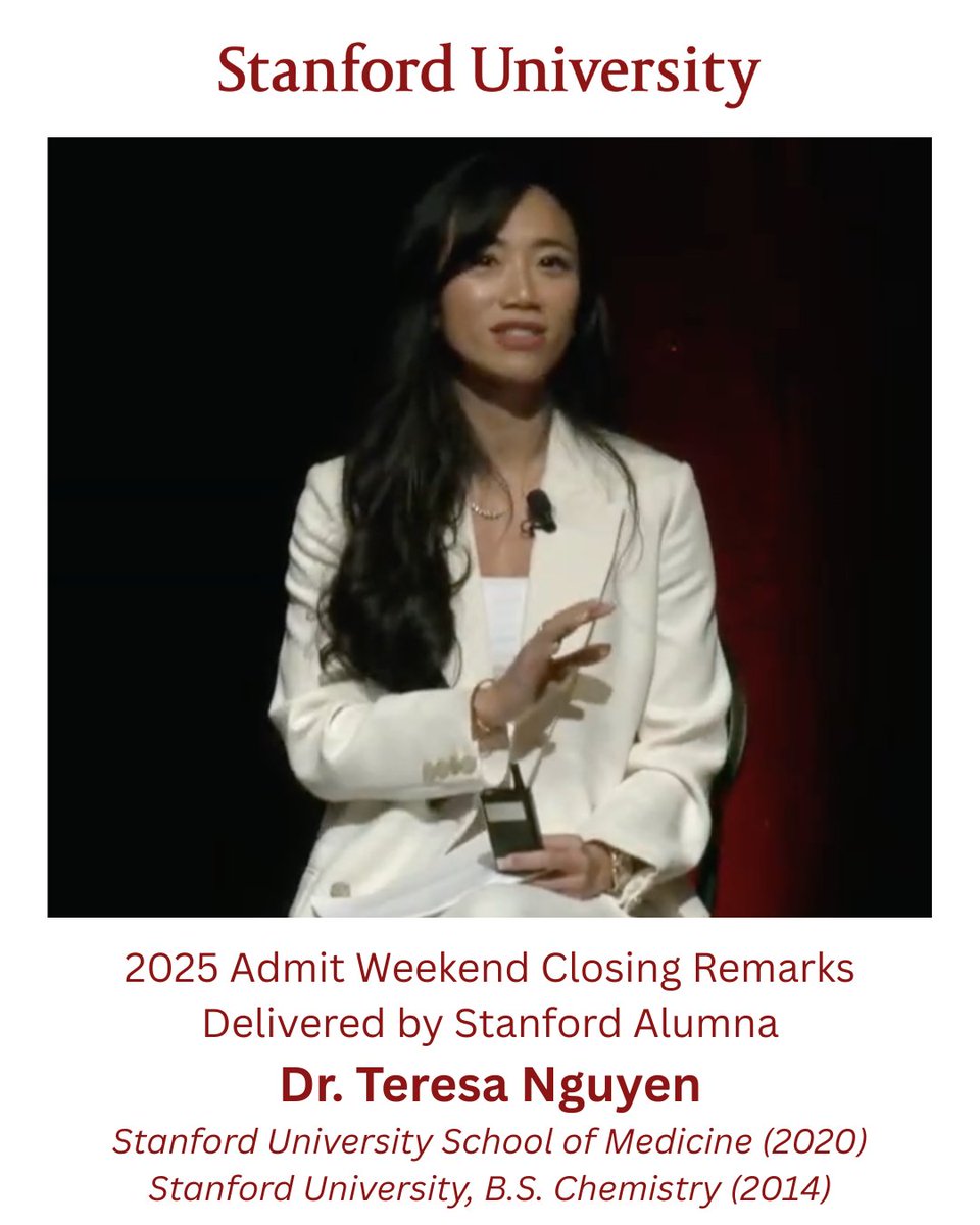 🎓 15 years after being admitted, Dr.  Teresa Nguyen (<a href="/Stanford/">Stanford University</a> B.S. Chem '14) returned to close #StanfordAdmitWeekend w/a powerful msg to the Class of 2029: one class—and one mentor—can change everything. 🔬❤️
Watch here 👉 youtube.com/watch?v=VtHB1_…
#Stanford2029 #StanfordStories